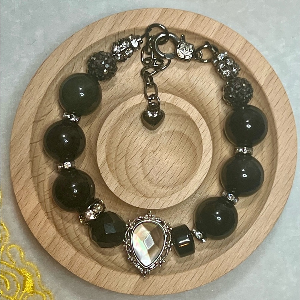 Elegant Black and Silver Beaded Bracelet with Pendant